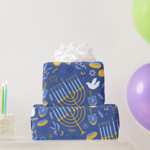 Papier Cadeau Hanoukka bleu Menorah Dove et Dreidel Hanoukka