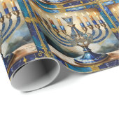 Papier Cadeau Hanoukka bleue Menorah (Coin rond)