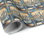 Papier Cadeau Hanoukka bleue Menorah (Coin rond)