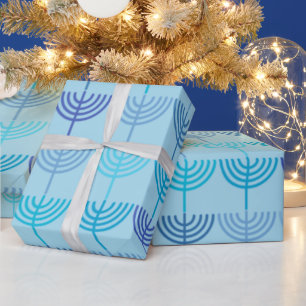 Papier Cadeau Hanoukka Chanukah Chanukkiah Menorah Motif Blue