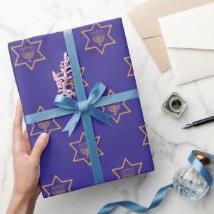 Papier Cadeau Hanoukka Chanukah Star de David Menorah Gold Blue