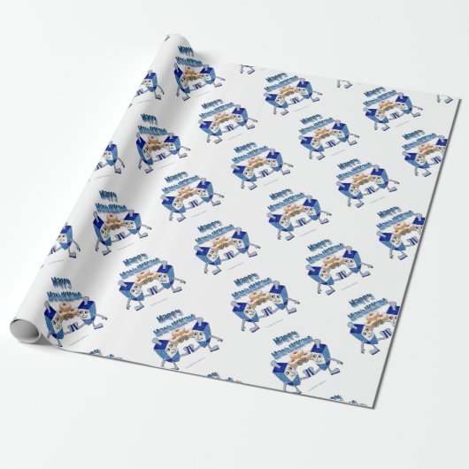 Papier Cadeau Hanoukka Dancing Dreidels et Jelly Doughnut (Déroulé)