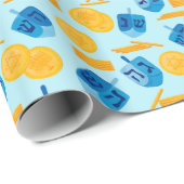 Papier Cadeau Hanoukka Dreidel Game Gelt Bleu foncé (Coin rond)