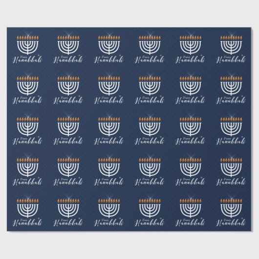 Papier Cadeau Hanoukka heureuse avec Menorah blanche en bleu mod (Plat)