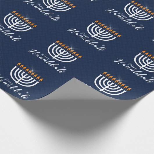 Papier Cadeau Hanoukka heureuse avec Menorah blanche en bleu mod (Coin)