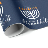 Papier Cadeau Hanoukka heureuse avec Menorah blanche en bleu mod (Coin rond)