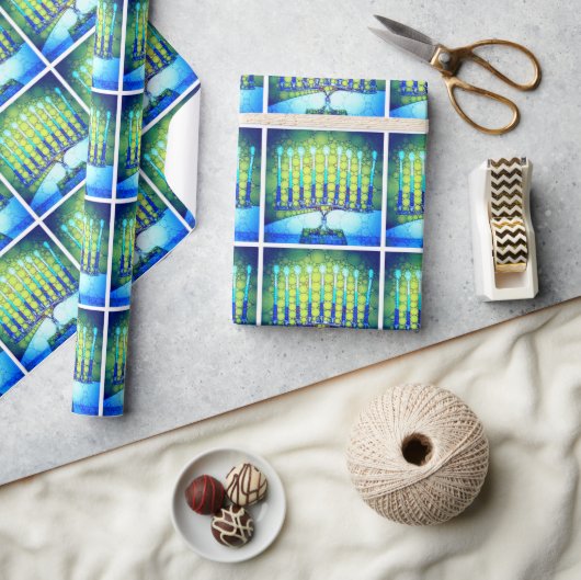 Papier Cadeau Hanoukka moderne tendance bleu vert Menorah Motif (Artisanat)