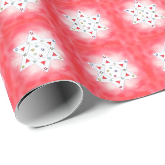 Papier Cadeau Hanoukka Star et Snowflakes Red (Coin rond)