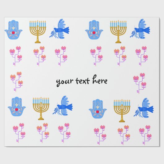 Papier Cadeau Hanukkah Wrapping Paper – Menorah, Hamsa, Dove (Plat)