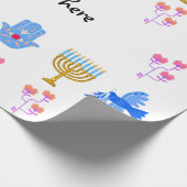 Papier Cadeau Hanukkah Wrapping Paper – Menorah, Hamsa, Dove (Coin)