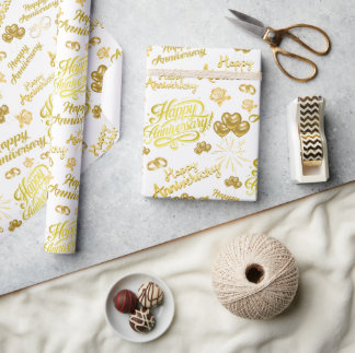 Papier Cadeau Happy Anniversary Elegant Gold Text
