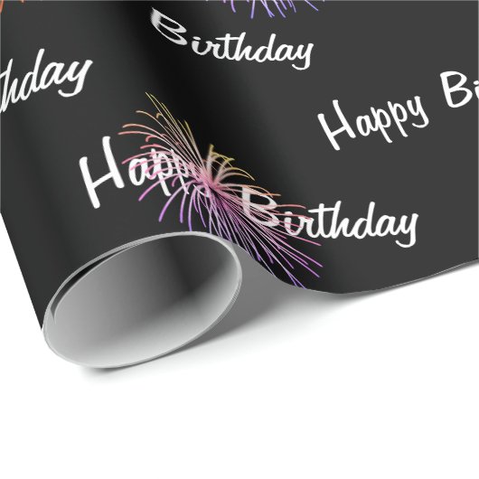 Papier Cadeau Happy Birthday fireworks on black (Coin rond)
