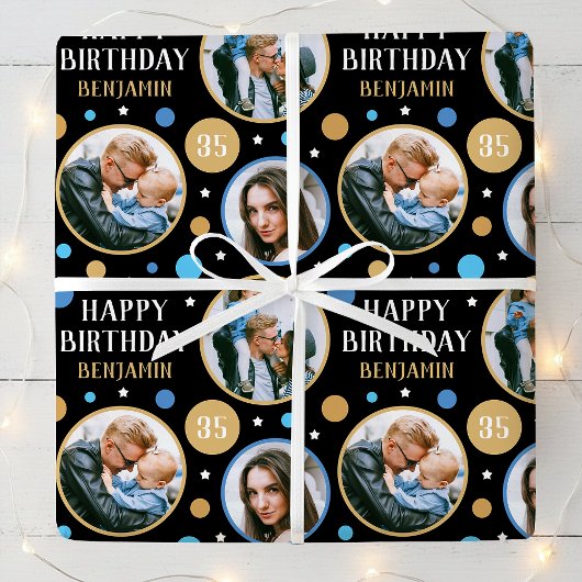 Papier Cadeau Happy Birthday Photo Collage Any Age 35th Blue