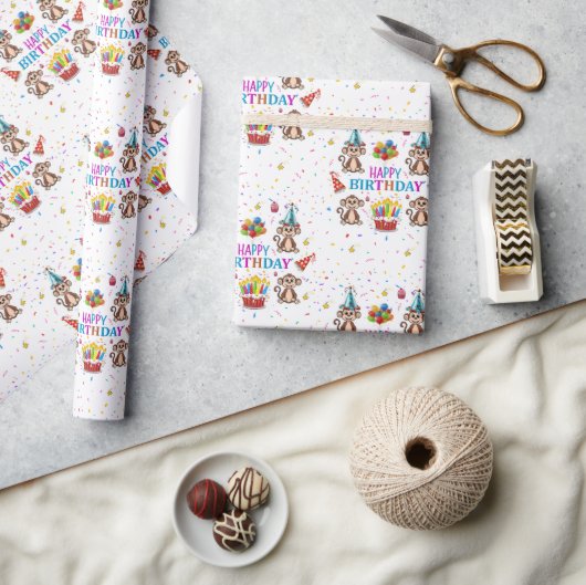 Papier Cadeau Happy Birthday Wrapping Paper Monkey Cupcake  (Artisanat)