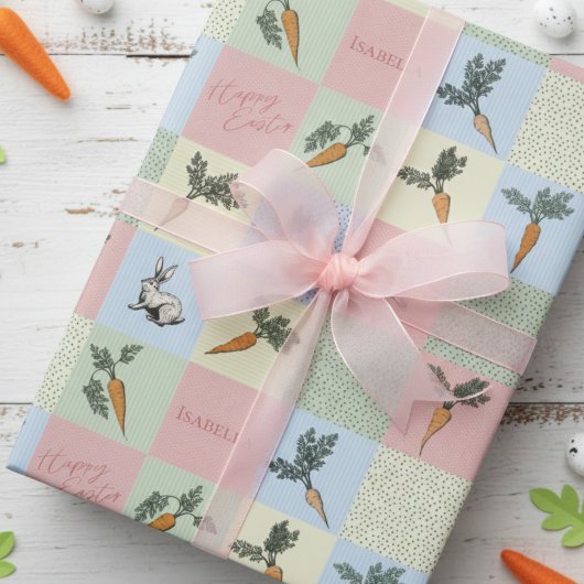 Papier Cadeau Happy Easter Rabbit & Carrot Square Pattern
