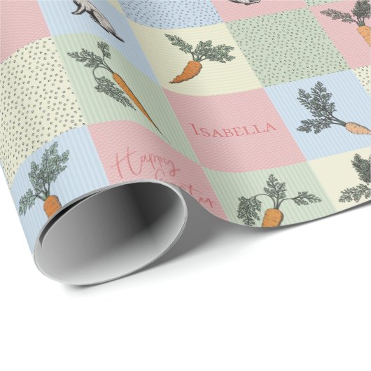 Papier Cadeau Happy Easter Rabbit & Carrot Square Pattern (Coin rond)