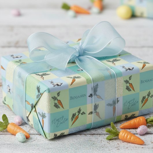Papier Cadeau Happy Easter Rabbit & Carrot Squares Blue Pattern