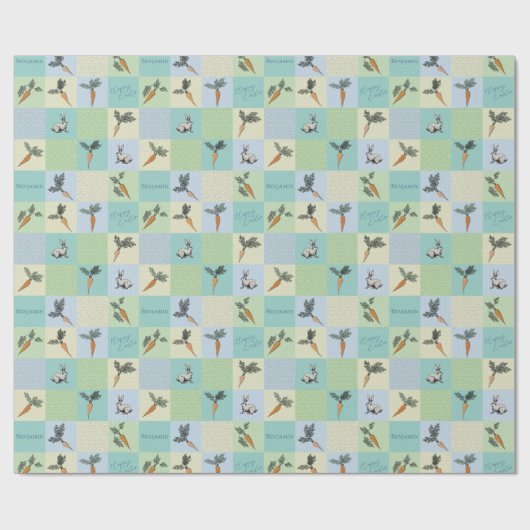 Papier Cadeau Happy Easter Rabbit & Carrot Squares Blue Pattern (Plat)