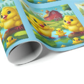 Papier Cadeau Happy Easter Yellow Chicks in a Pond by a Red Barn (Coin rond)