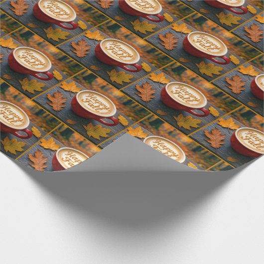 Papier Cadeau Happy Fall Latte In Red Mug With Automne Leaves (Coin)