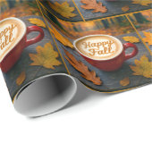 Papier Cadeau Happy Fall Latte In Red Mug With Automne Leaves (Coin rond)