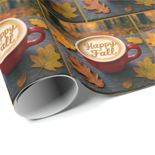Papier Cadeau Happy Fall Latte In Red Mug With Automne Leaves (Coin rond)