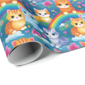 Papier Cadeau Happy Kitty Cats sur Rainbow Clouds (Coin rond)