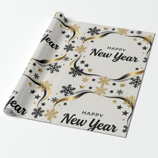 Papier Cadeau Happy New Year Black and Gold Snowflake  (Déroulé)