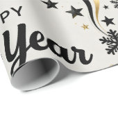 Papier Cadeau Happy New Year Black and Gold Snowflake  (Coin rond)