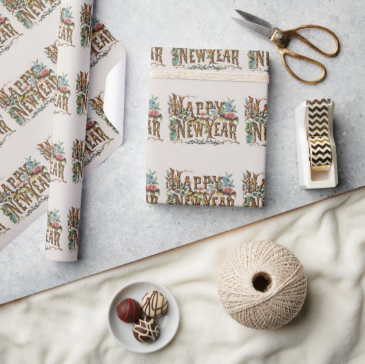 Papier Cadeau Happy New Year in Tree Trunks, Acorns and Flowers (Artisanat)