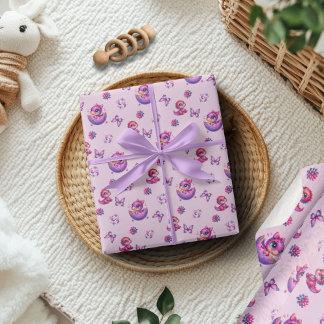 Papier Cadeau Hatching Bientôt Baby Baby shower Dinosaure rose