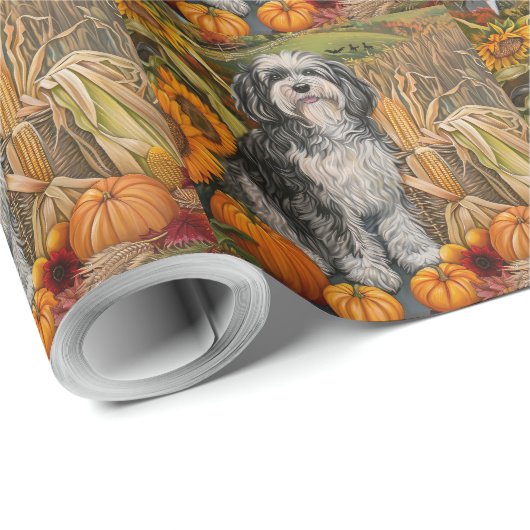 Papier Cadeau Havanais Chien automne récolte Thanksgiving (Coin rond)