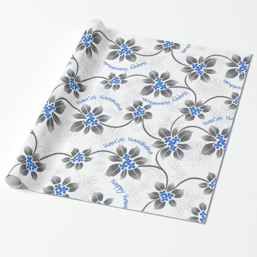 Papier Cadeau Hawaiian Holly Hanoukka Blue Floral (Déroulé)