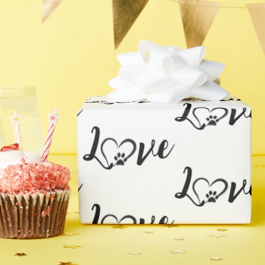 Papier Cadeau Heart Dog Paw Print With Love Text (Fête d'anniversaire)