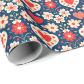 Papier Cadeau Hearts and Flowers Folk Pattern Valentine (Coin rond)