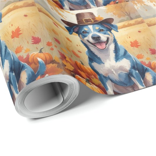 Papier Cadeau Heeler Bleu À L'Automne Feuilles Thanksgiving Art (Coin rond)