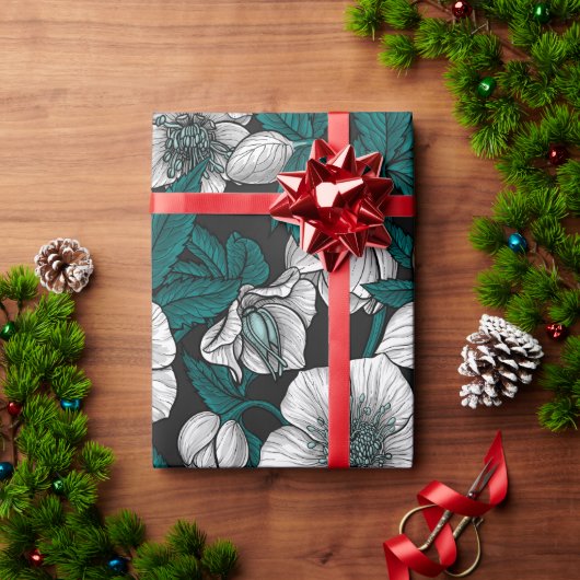 Papier Cadeau Hellebores blancs avec feuilles bleus (Cadeau de vacances)