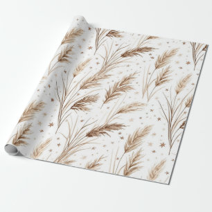 Papier Cadeau Herbe de Pampas Bohème Beige Marron Motif Étoile (