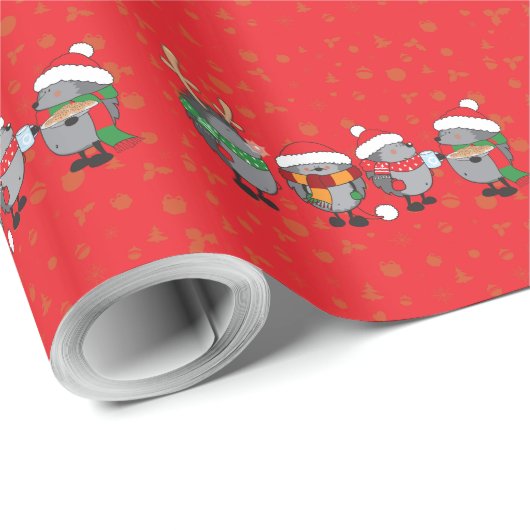 Papier Cadeau Hérisson de Noël (Coin rond)