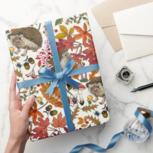 Papier Cadeau Hérissons et flore de forêt automnale sur ivoire