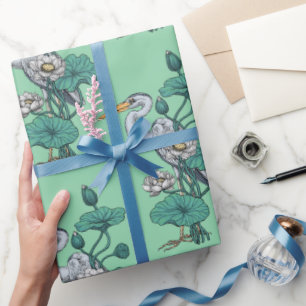 Papier Cadeau Héron dans le jardin de lotus blanc sur jade