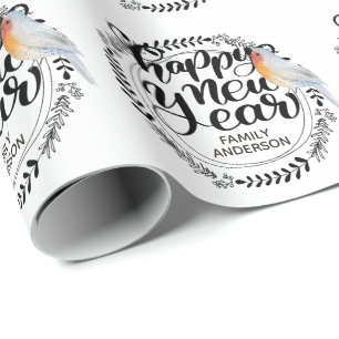 Papier Cadeau HEUREUSE NOUVELLE ANNÉE Festive Robin d'hiver Pers