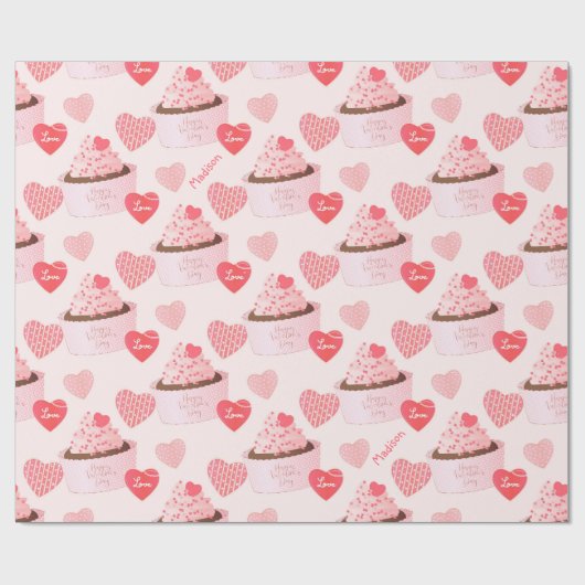 Papier Cadeau Heureuse Sainte-Valentin Cupcake and Hearts Motif (Plat)