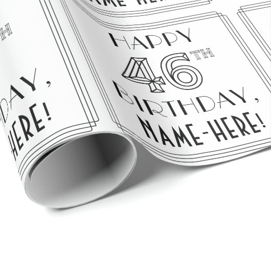 Papier Cadeau HEUREUX 46E ANNIVERSAIRE ; Style Art Déco ; Nom pe (Coin rond)