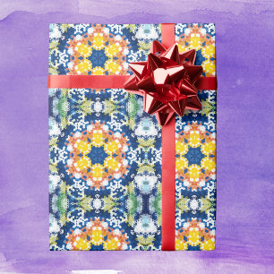 Papier Cadeau Hex Mandala bleu jaune orange et vert