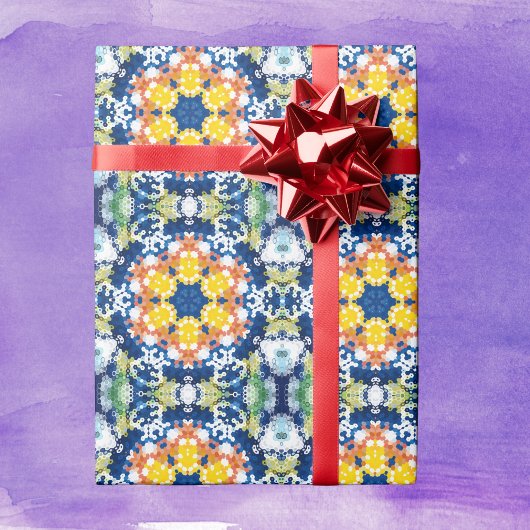 Papier Cadeau Hex Mandala bleu jaune orange et vert