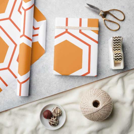 Papier Cadeau Hexagon abstract geometrical pattern en orange et (Artisanat)