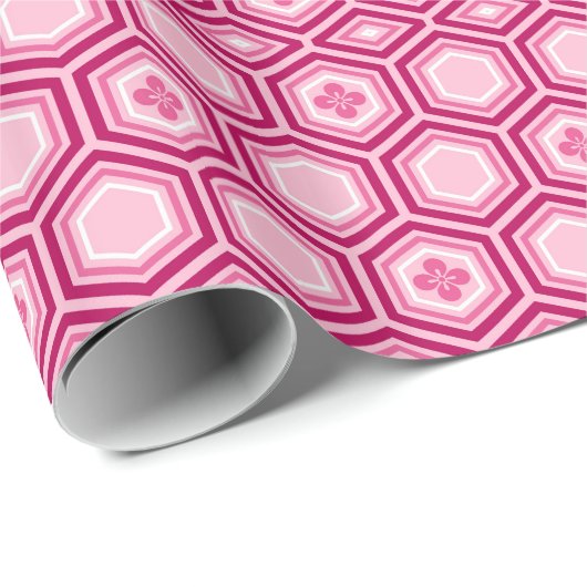 Papier Cadeau Hexagonal Kimono Imprimer, Bourgogne et rose (Coin rond)