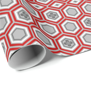 Papier Cadeau Hexagonal Kimono Imprimer, rouge et gris / gris