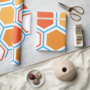 Papier Cadeau Hexagone en orange, bleu et blanc